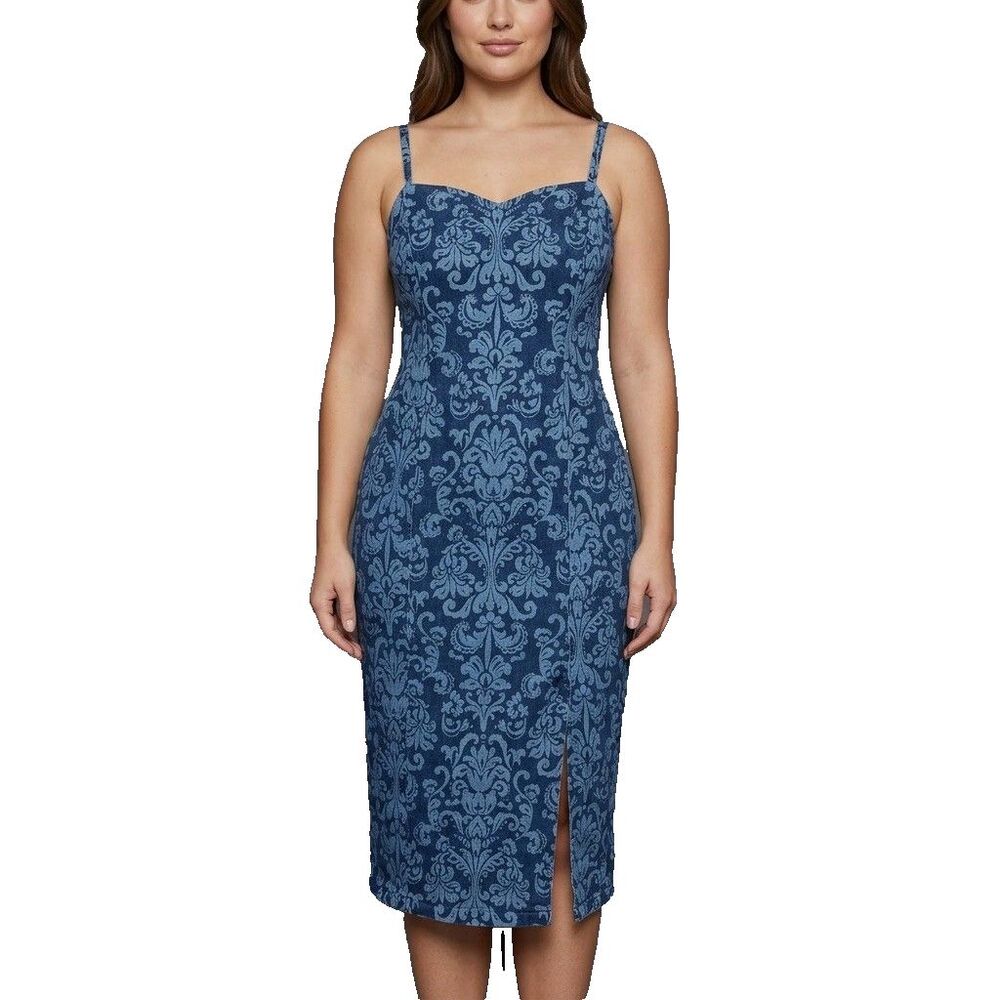 Versona Blue Denim Dress Damask Tapestry Print Midi Sheath Dress Size L Floral